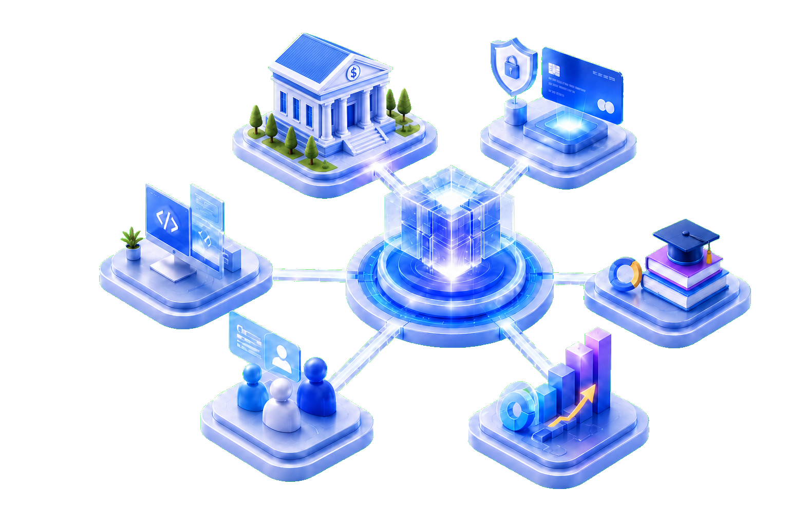 Isometric intelligent solutions ecosystem connecting institutions, business security, coding, collaboration, and analytics